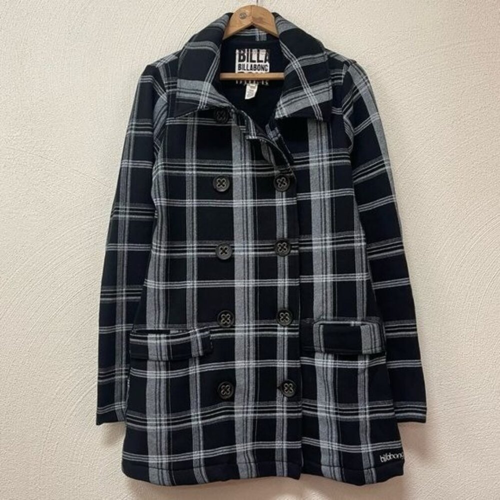 Billabong Black & White Plaid Button Down Parka Jacket Sz Medium